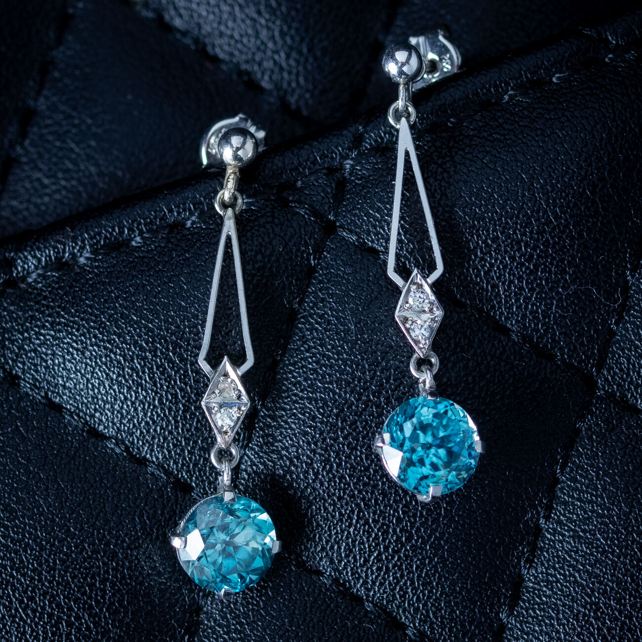 Art Deco Blue Zircon Diamond Drop Earrings 18ct Gold 1ct Zircons