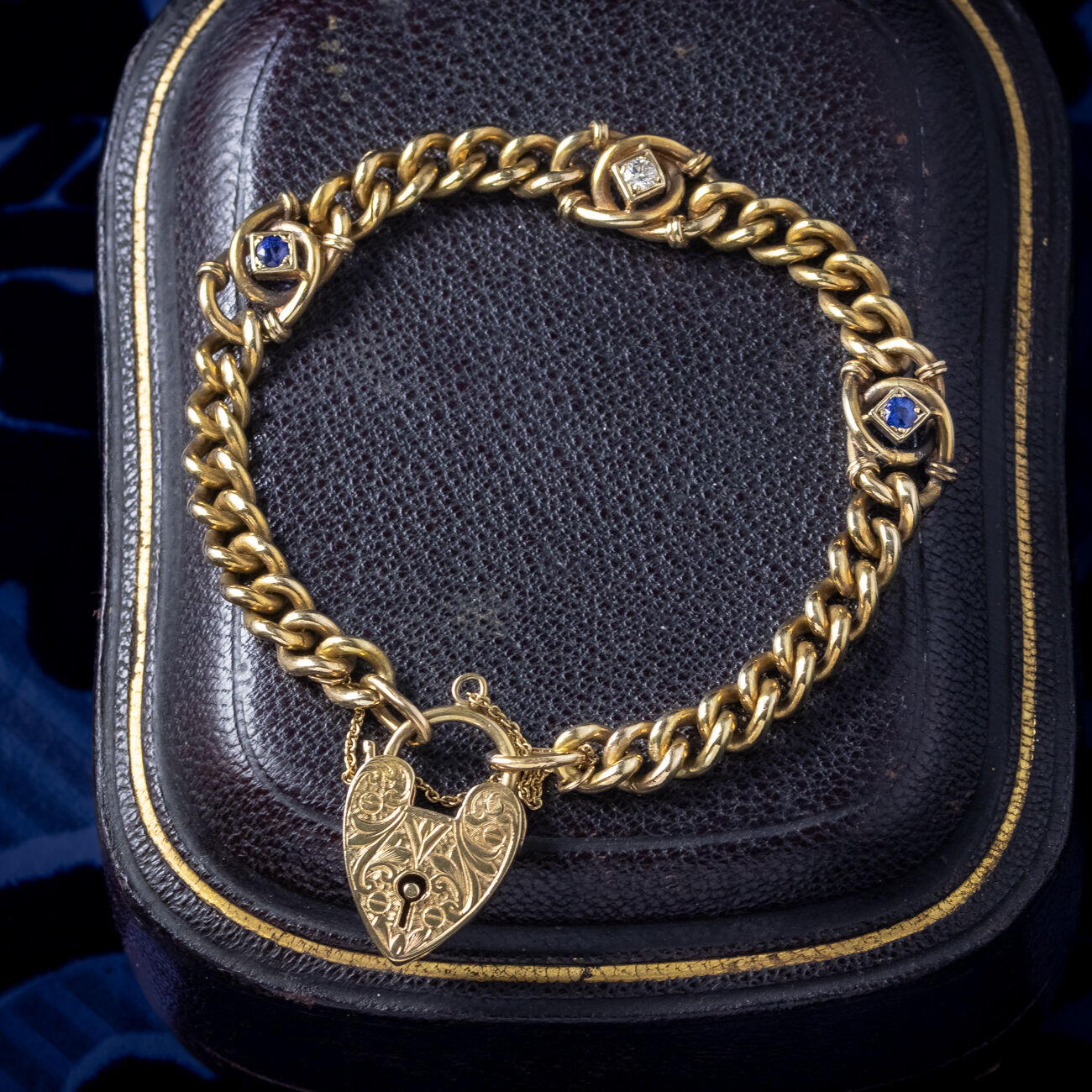 Victorian Style Sapphire Diamond Curb Bracelet 9ct Gold With Heart Padlock