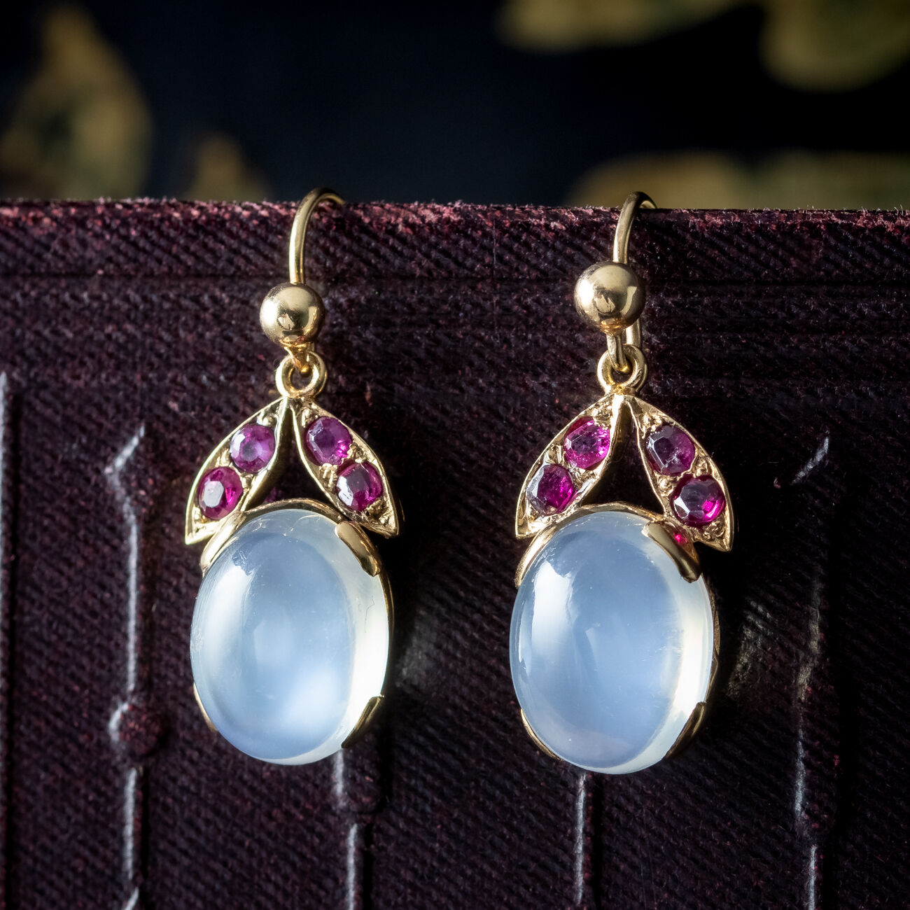 Art Deco Moonstone Ruby Drop Earrings 3.5ct Moonstones