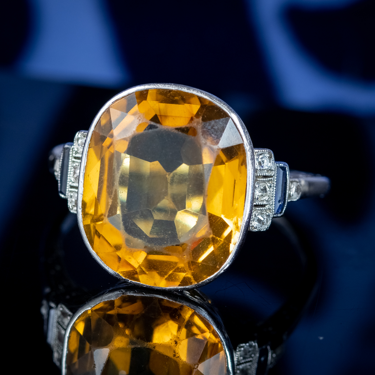 Art Deco Citrine Sapphire Diamond Ring 8ct Citrine