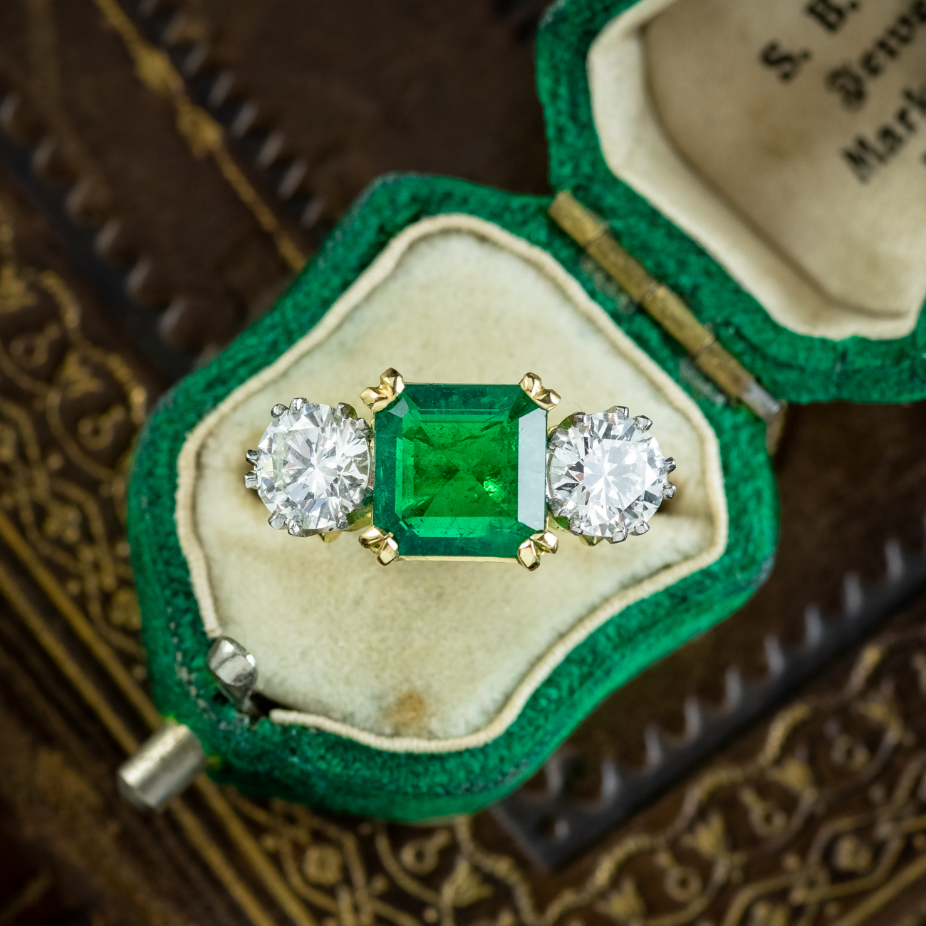 Edwardian Style Emerald Diamond Trilogy Ring 3.39ct Emerald 1.95ct Diamond With Cert