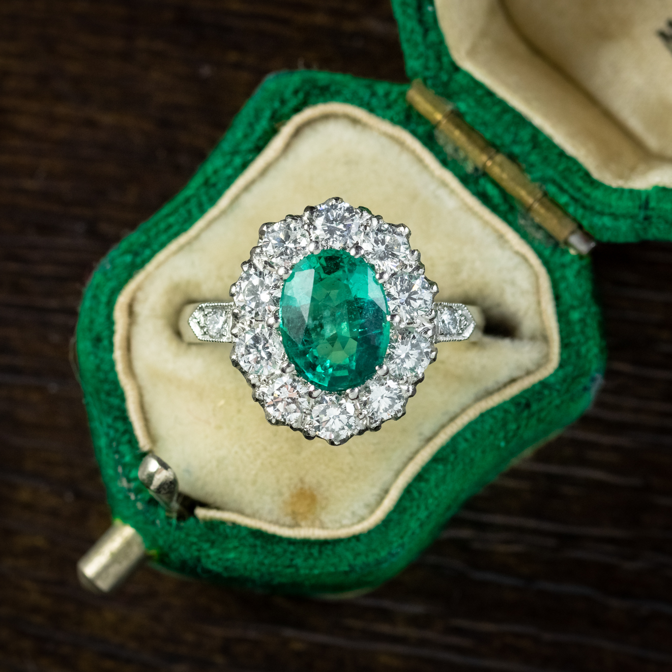 Edwardian Style Emerald Diamond Cluster Ring 2ct Emerald