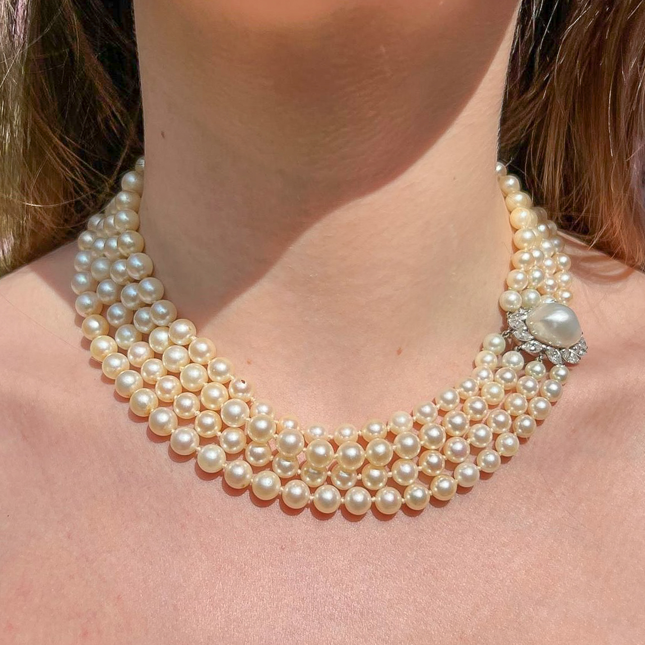 Art Deco Four Strand Pearl Necklace With Pearl Diamond Clasp