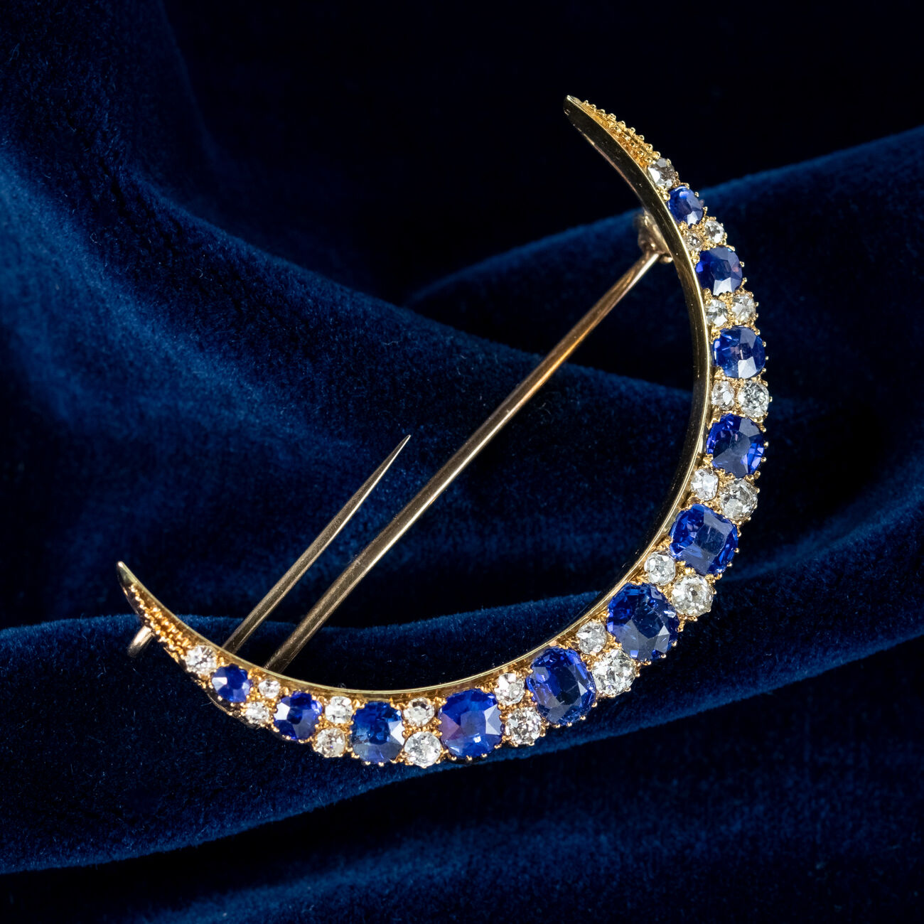 Antique Victorian Sapphire Diamond Crescent Moon Brooch 15ct Gold