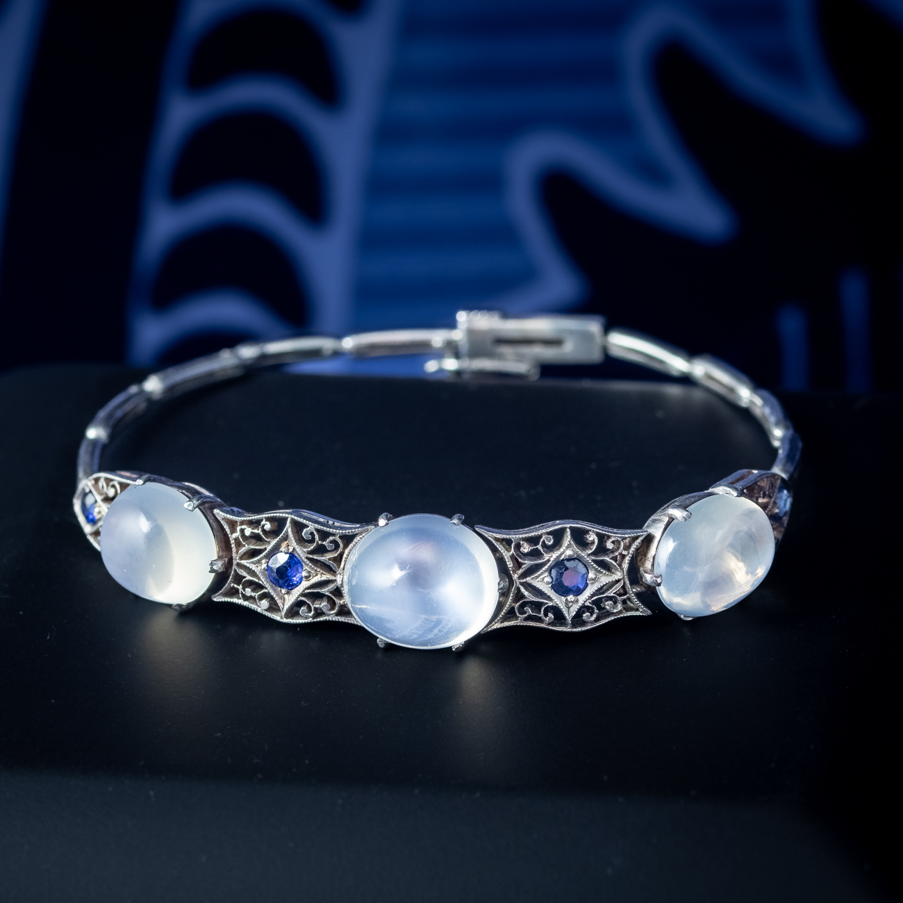 Antique Art Deco Moonstone Sapphire Bracelet Silver