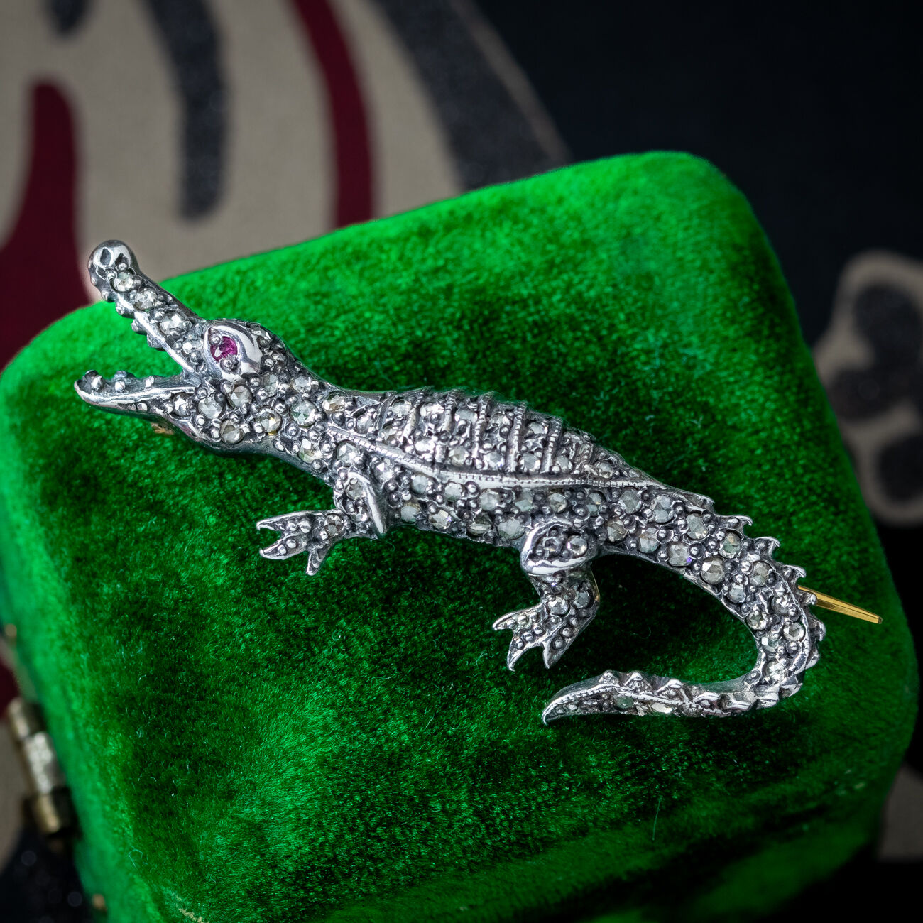 Victorian Style Diamond Crocodile Brooch With Ruby Eye