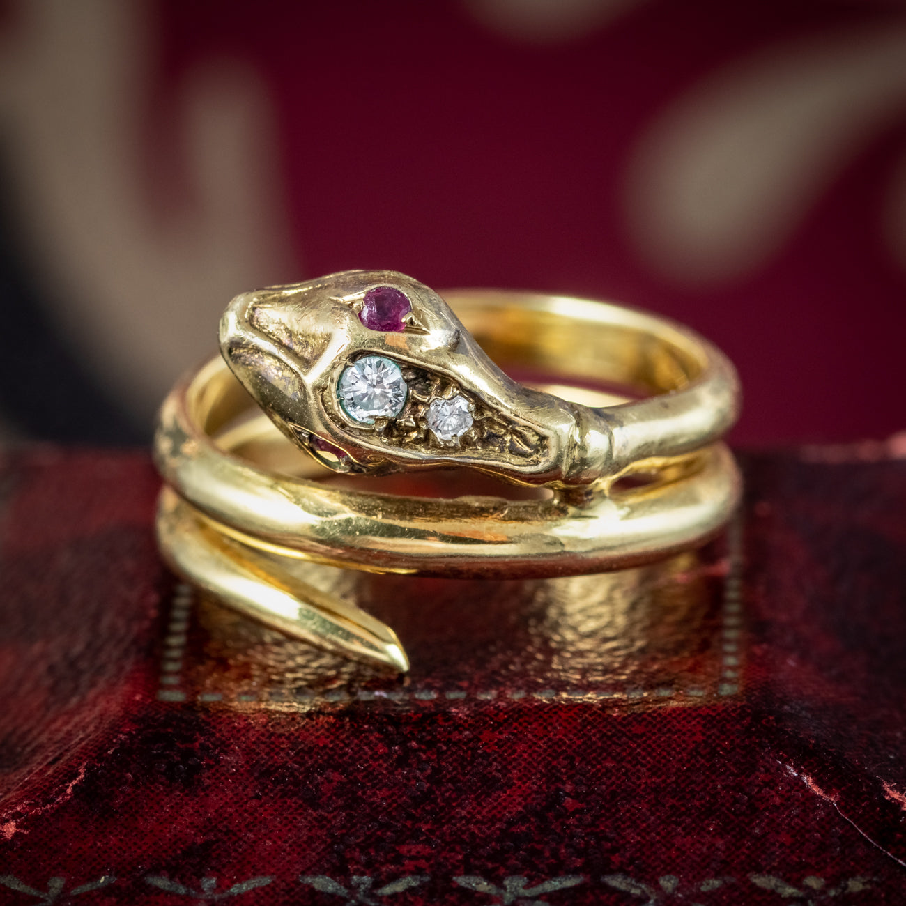 Antique Edwardian French Diamond Snake Ring With Ruby Eyes