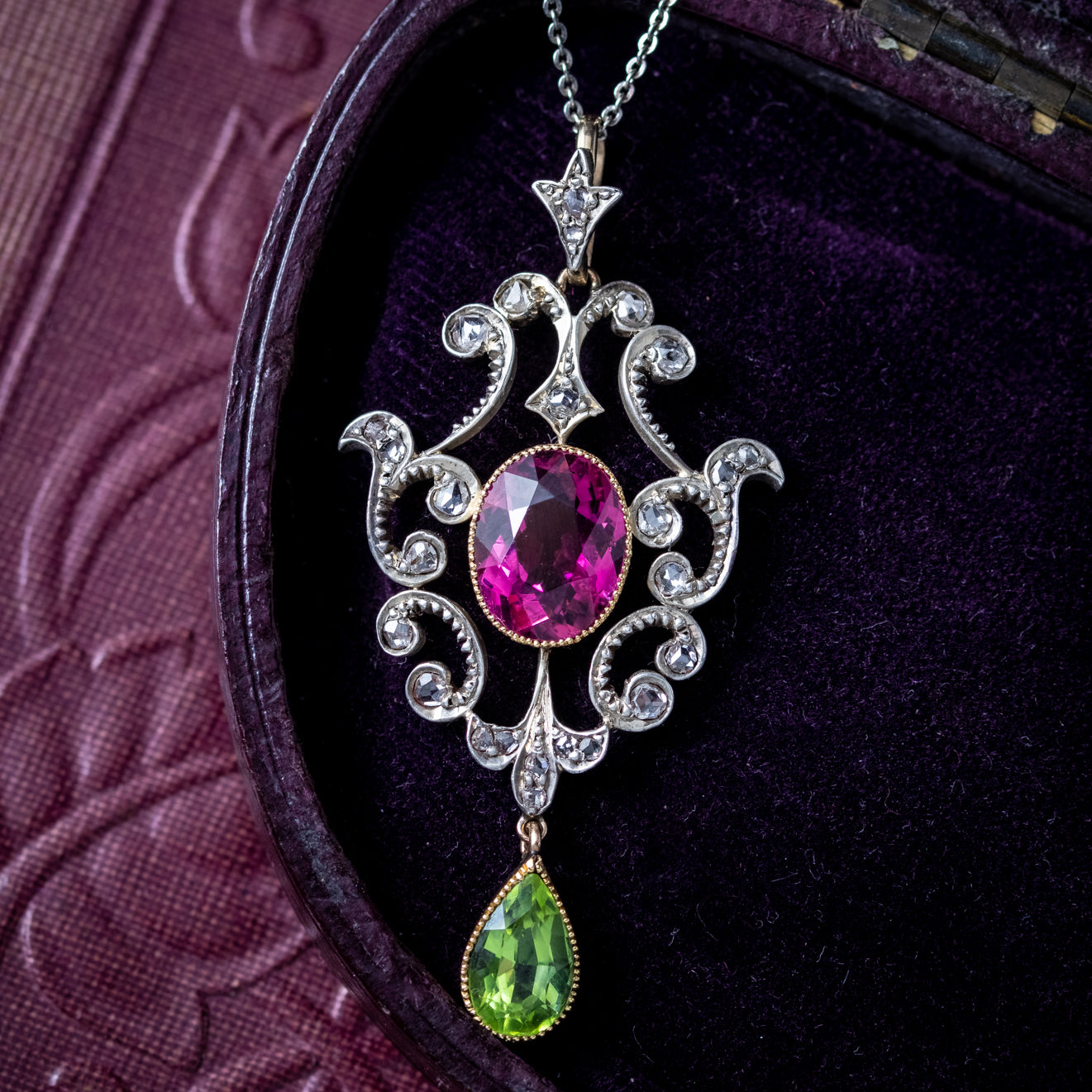 Antique Edwardian Suffragette Tourmaline Peridot Diamond Pendant Necklace