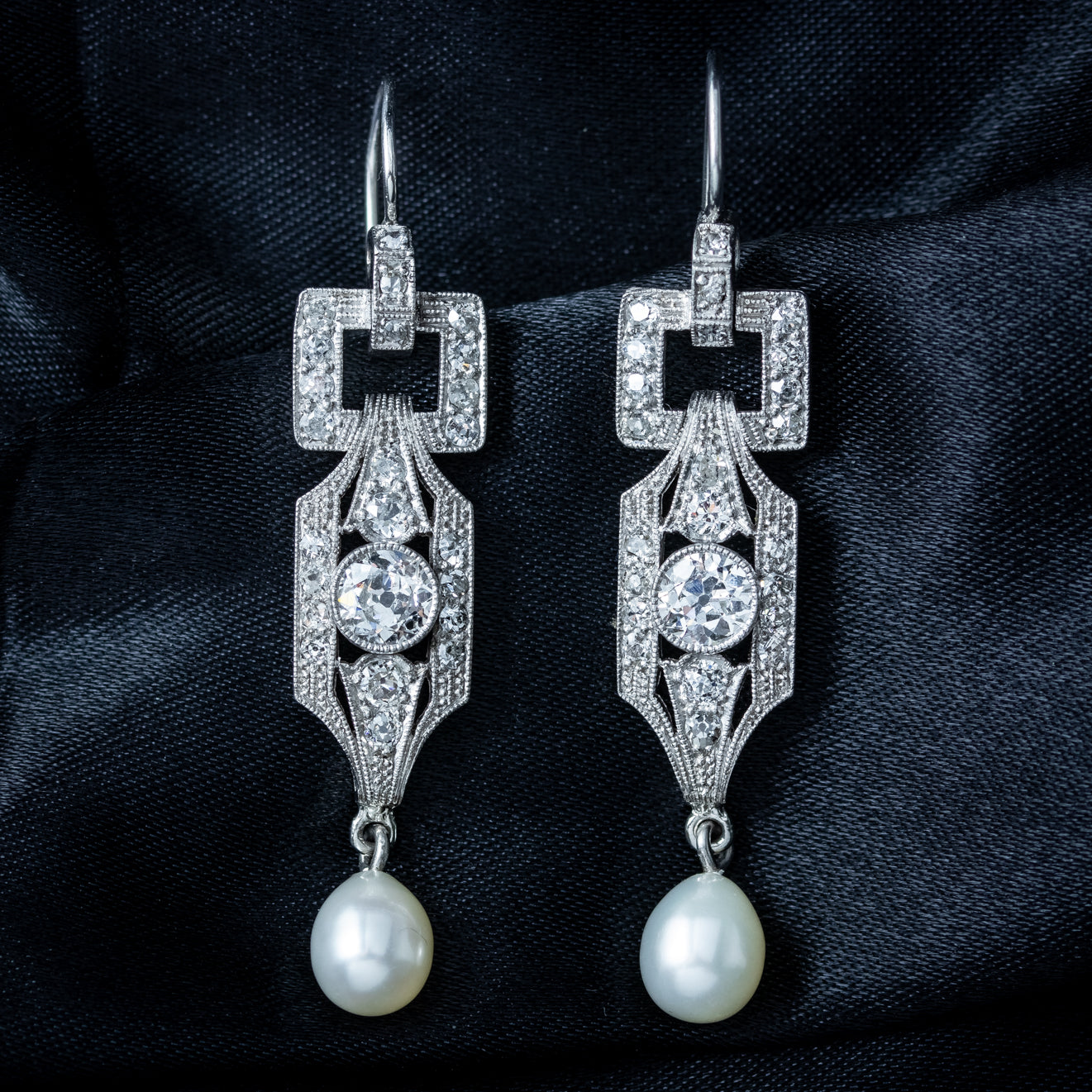 Art Deco Pearl Diamond Drop Earrings Platinum 3ct Diamond