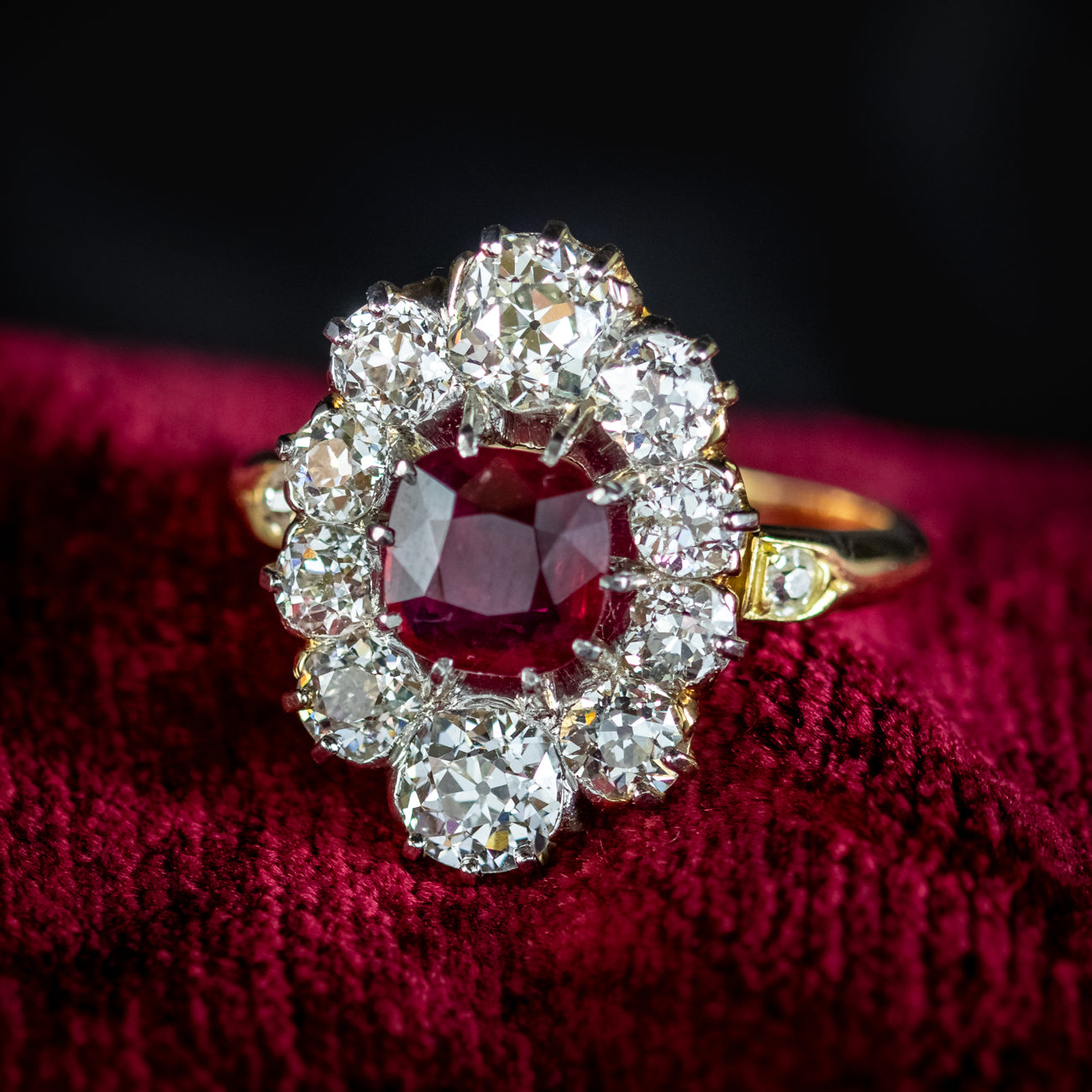 Antique Victorian Ruby Diamond Cluster Ring 1.15ct Ruby With Cert