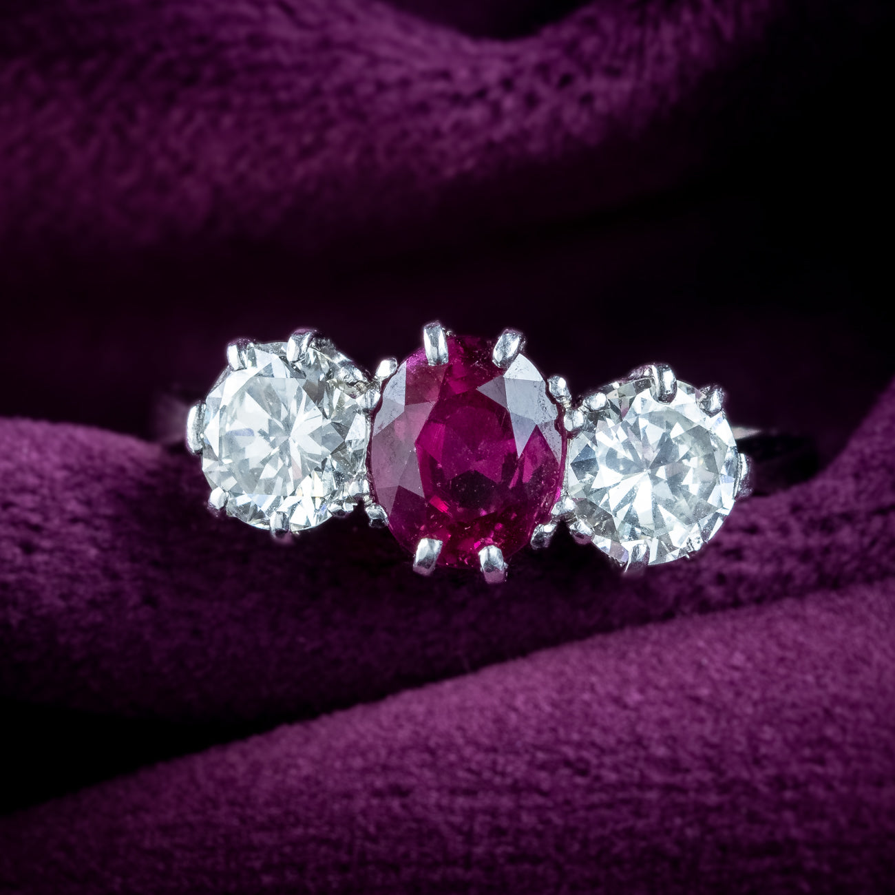 Edwardian Style Ruby Diamond Trilogy Ring 0.90ct Ruby 1.6ct Diamond