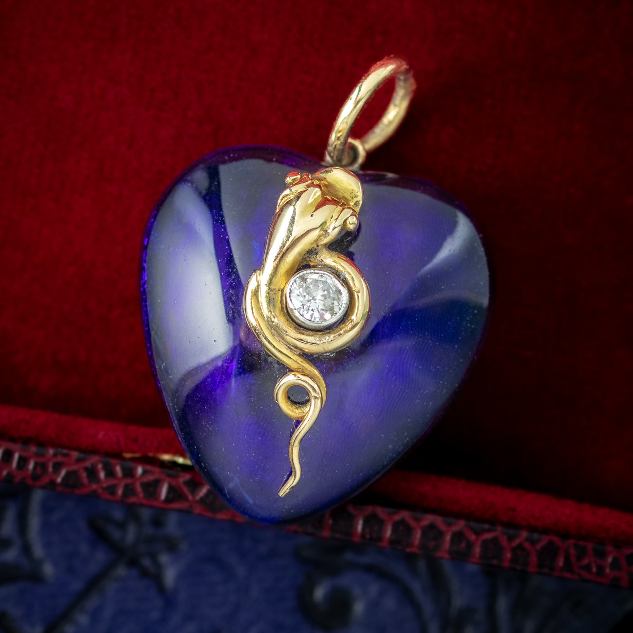 Antique Victorian Guilloche Enamel Heart Pendant Diamond Snake And Locket