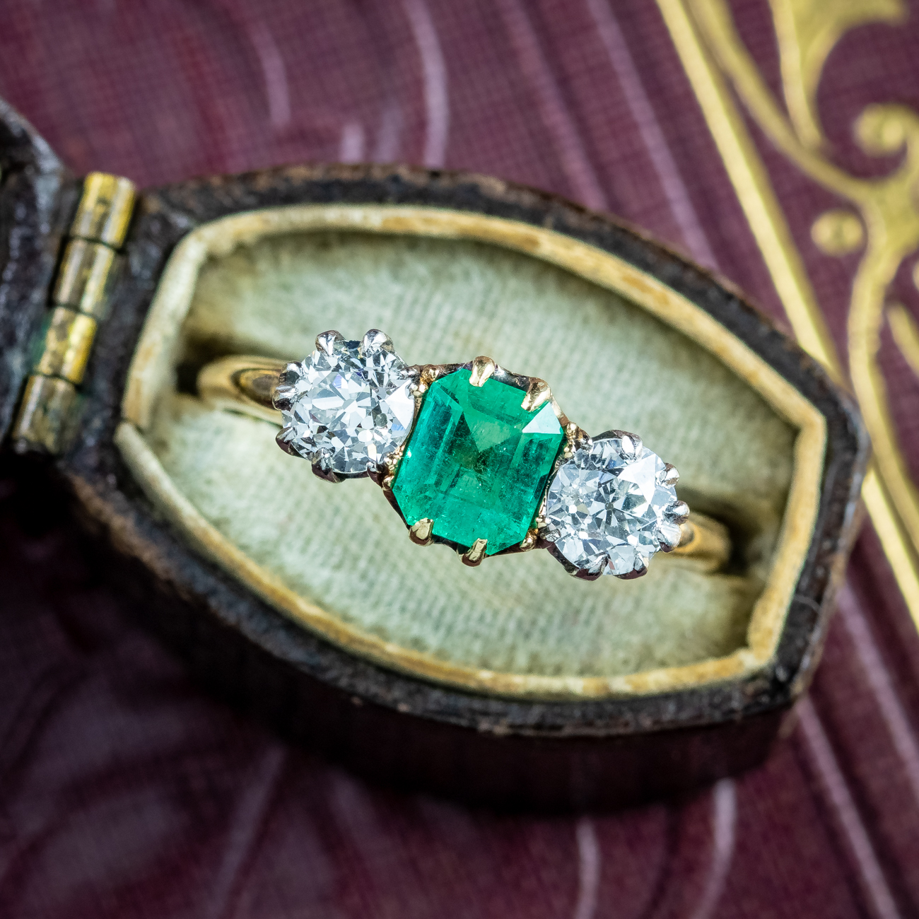 Antique Edwardian Emerald Diamond Trilogy Ring 0.75ct Emerald