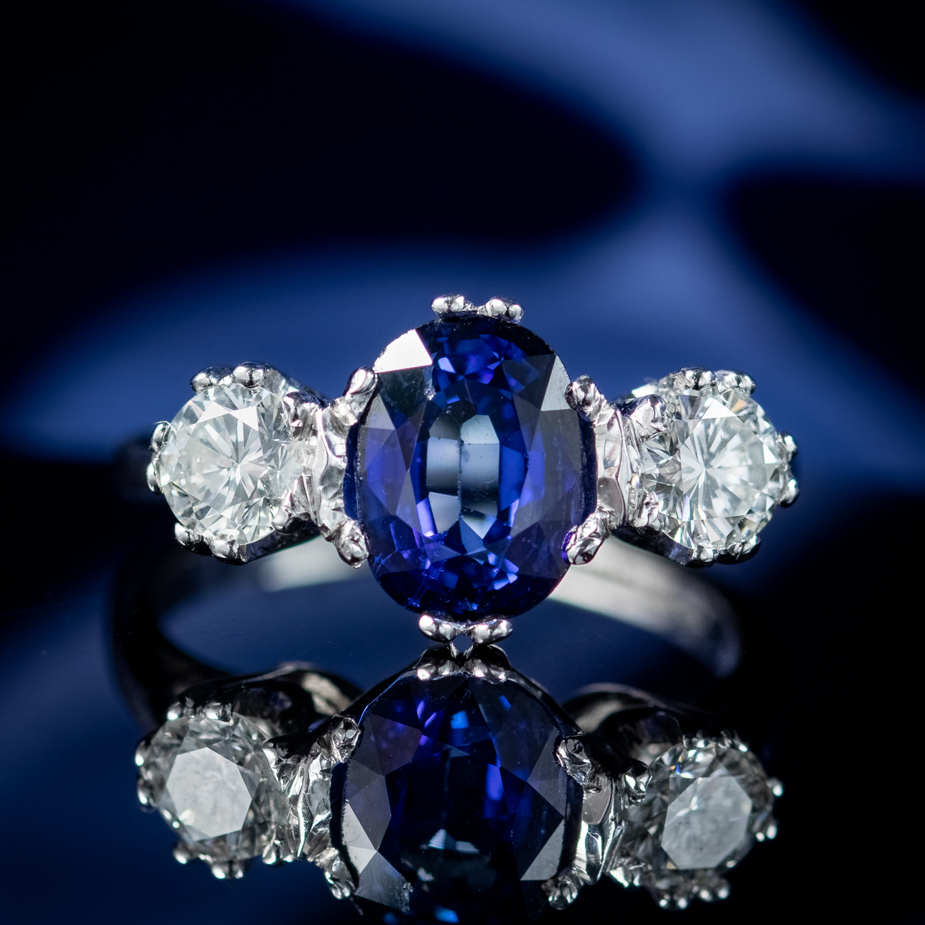 Edwardian Style Sapphire Diamond Trilogy Ring 2ct Sapphire