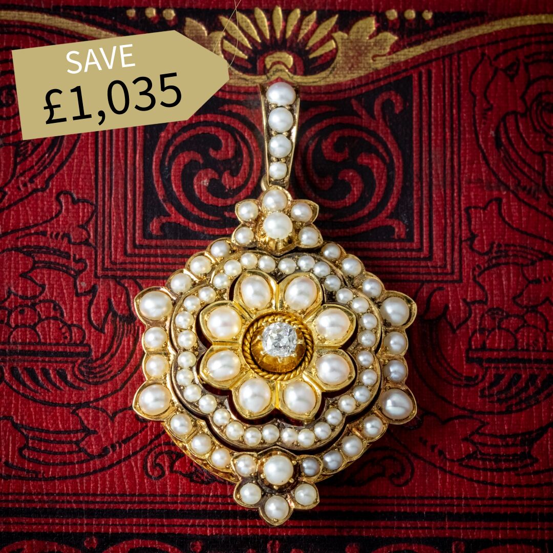 Antique Victorian Pearl Diamond Flower Pendant 18Ct Gold Circa 1900