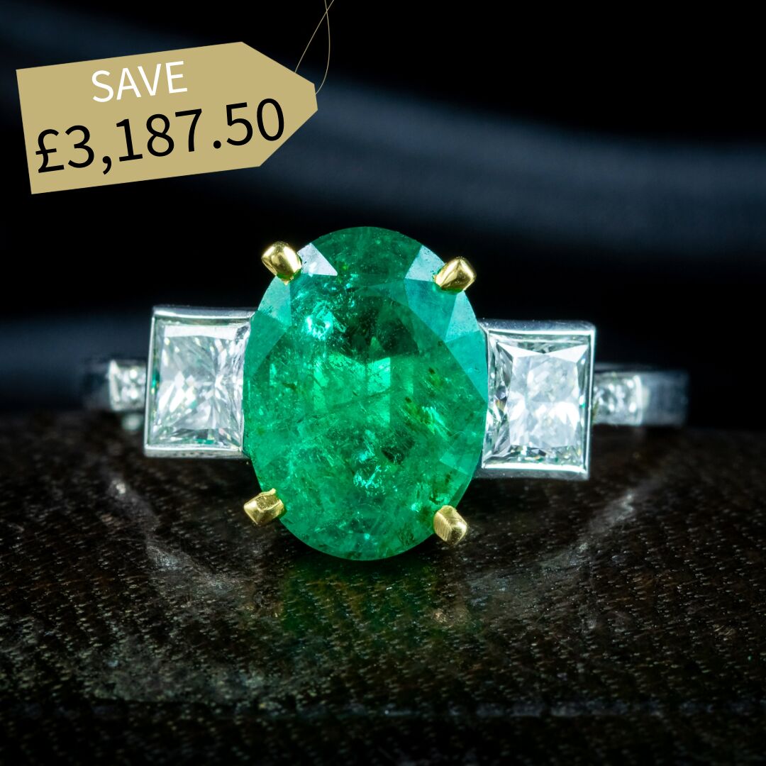 Art Deco Style Emerald Diamond Trilogy Ring 2.51ct Emerald With Cert