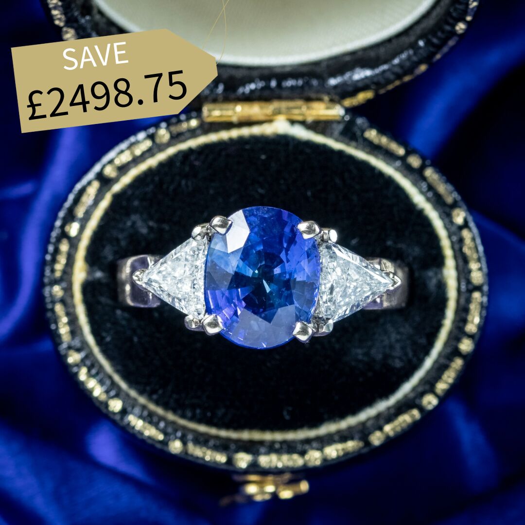 Art Deco Style Sapphire Diamond Trilogy Ring 3.7ct Sapphire With Cert