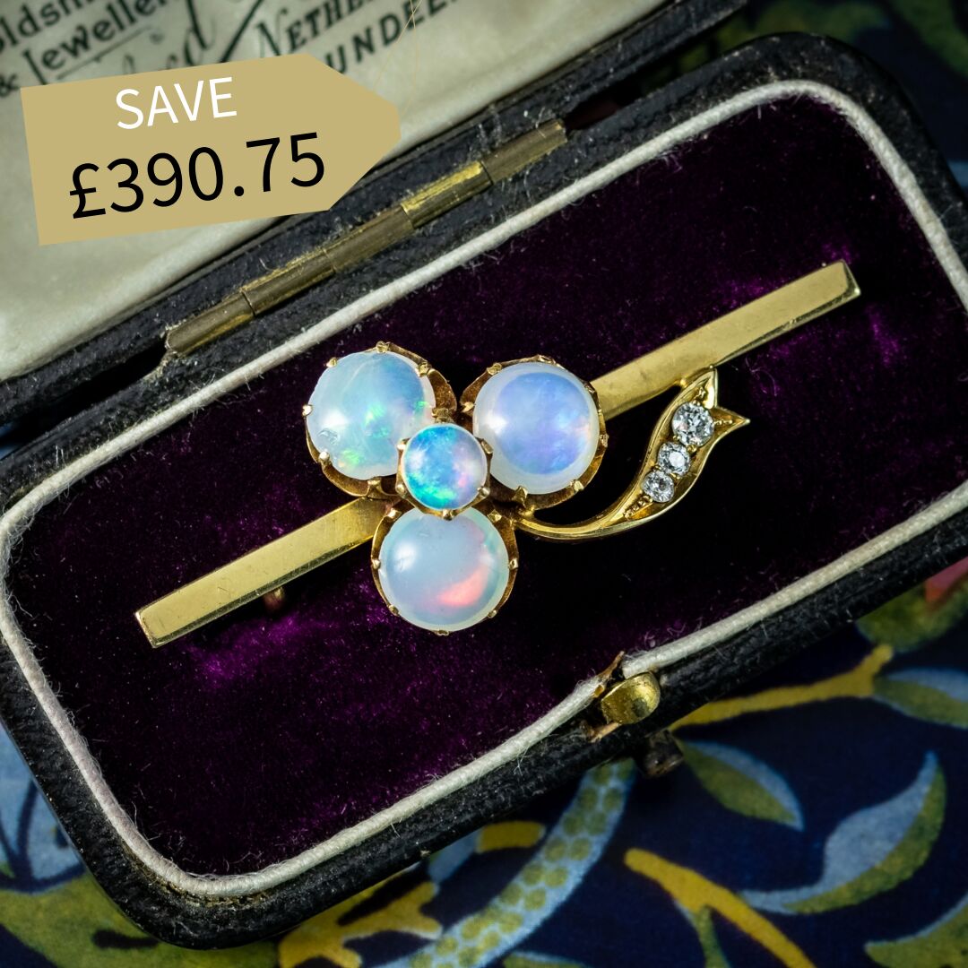 Antique Victorian Opal Diamond Shamrock Bar Brooch 18ct Gold