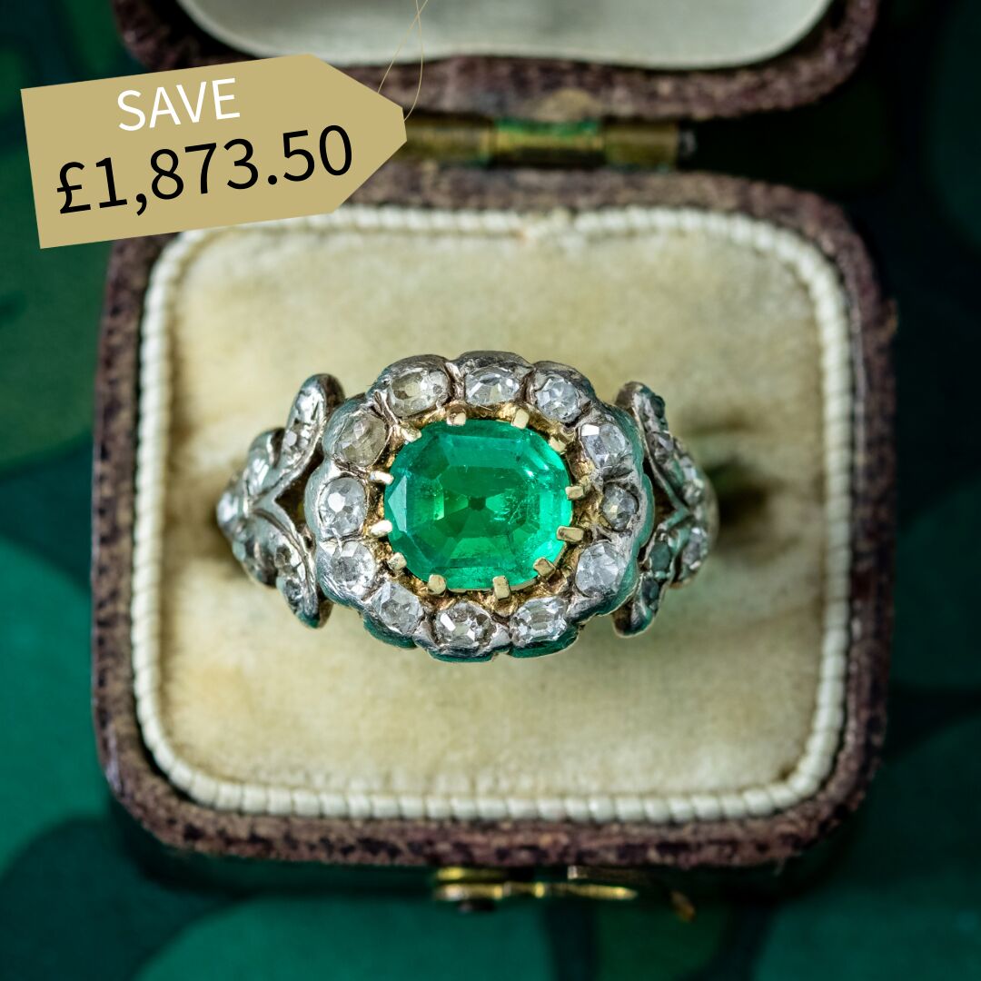 Antique Georgian Emerald Diamond Cluster Ring 1ct Emerald