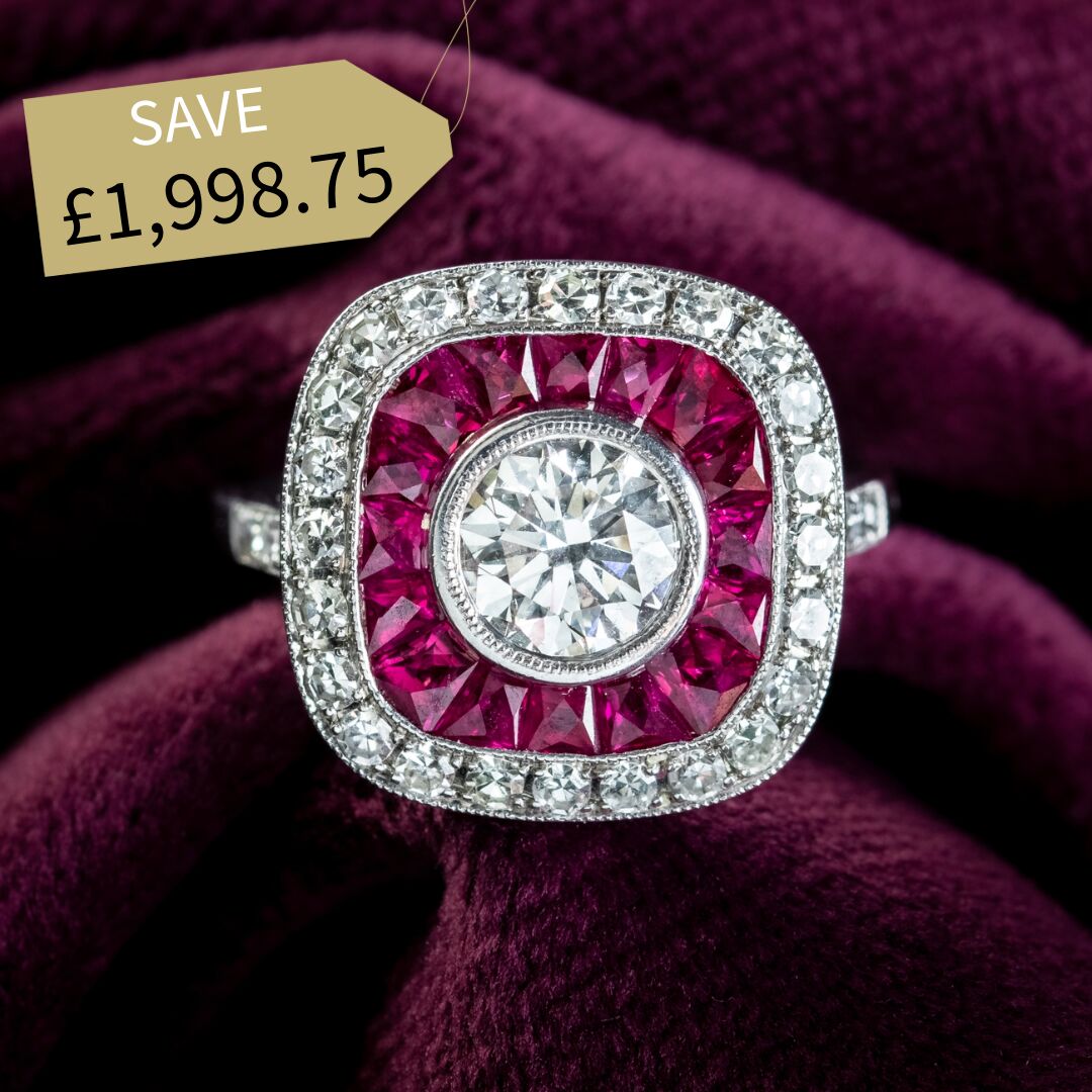 Art Deco Style Diamond Ruby Target Cluster Ring 2.5ct Of Diamond