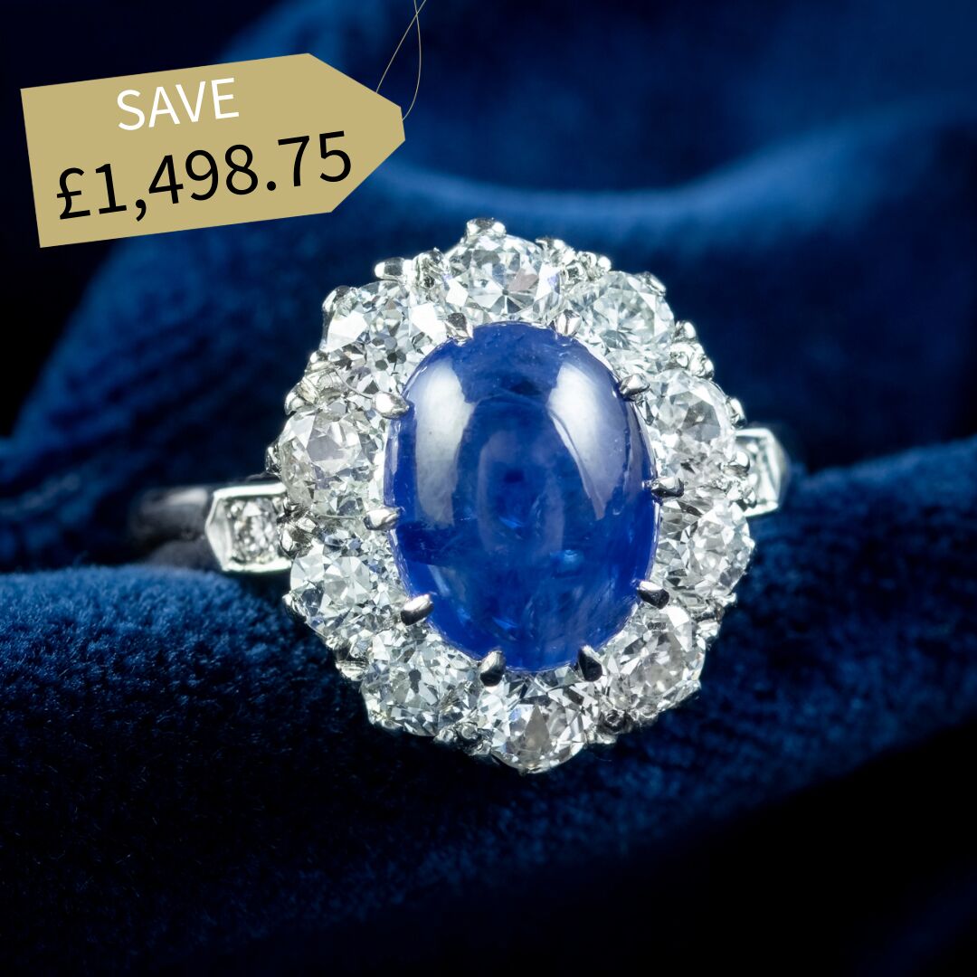 Victorian Style Blue Sapphire Diamond Cluster Ring 4.12ct Cabochon With Cert