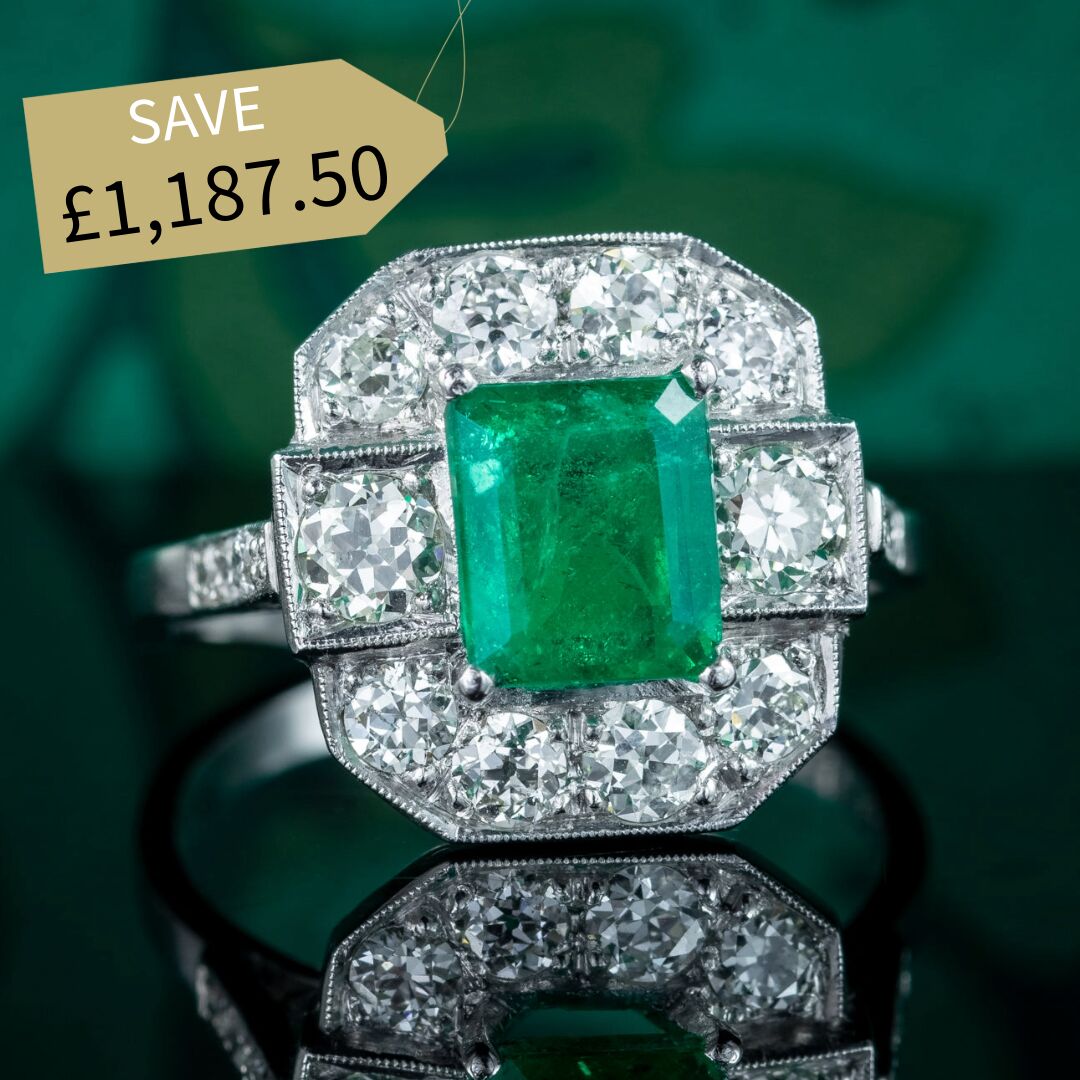 Art Deco Style Emerald Diamond Cluster Ring 1.8ct Emerald