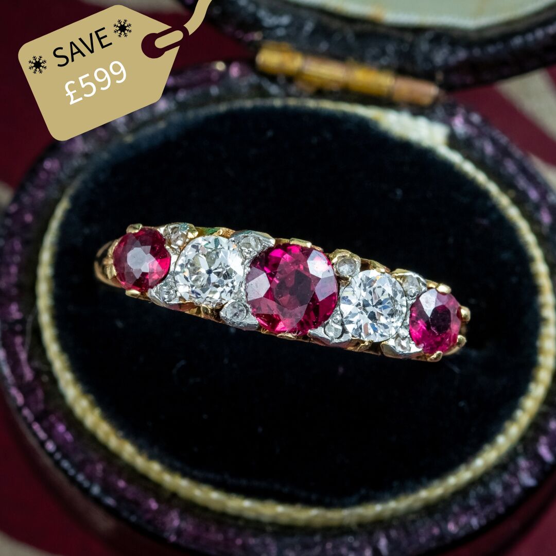 Antique Victorian Ruby Diamond Five Stone Ring 0.90ct Ruby