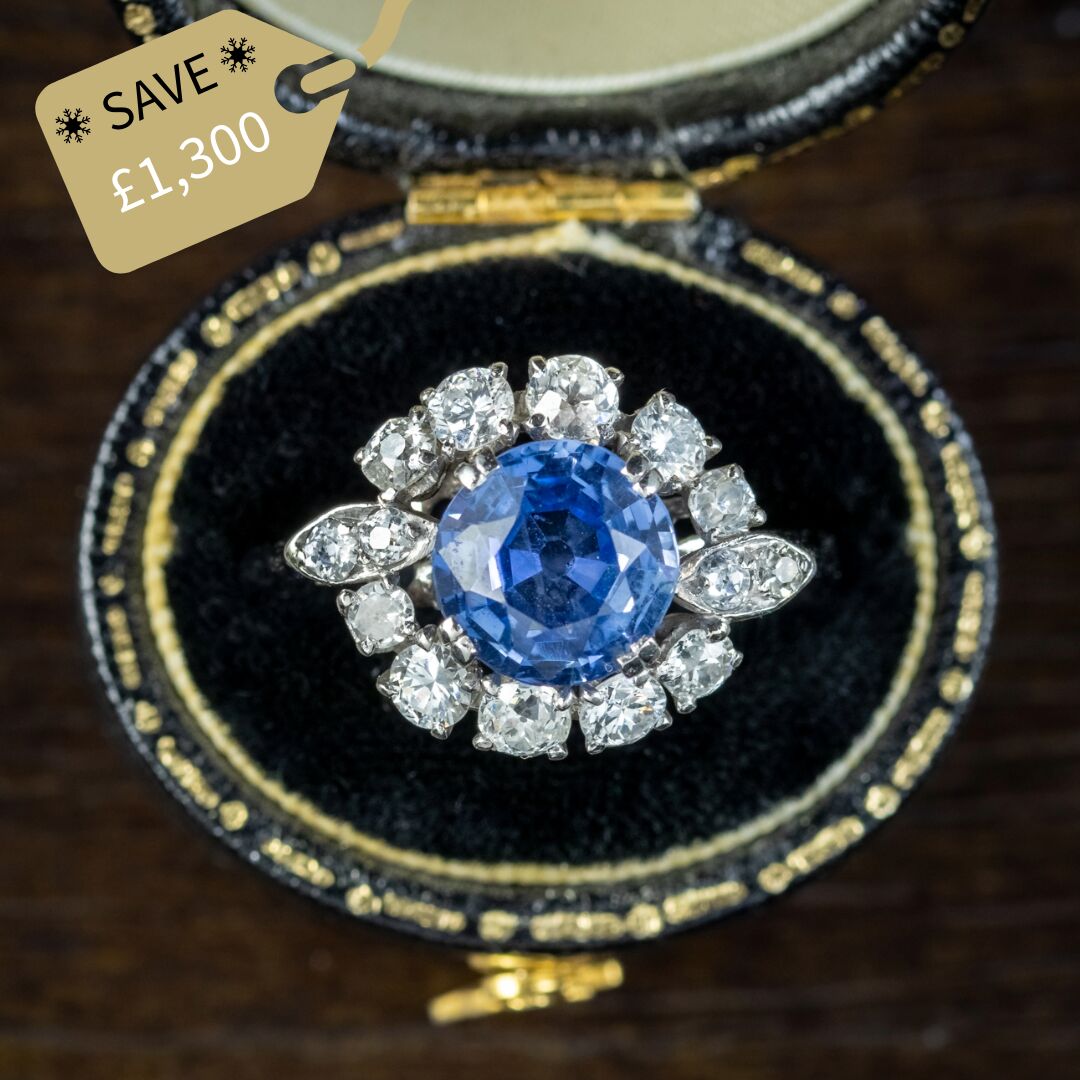 Vintage Sapphire Diamond Cluster Ring 3.30ct Sapphire With Cert