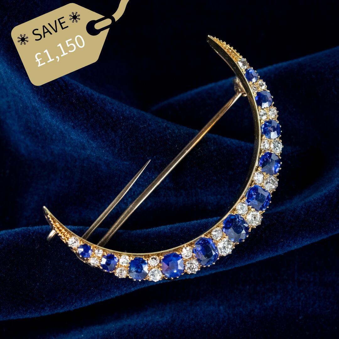 Antique Victorian Sapphire Diamond Crescent Moon Brooch 15ct Gold