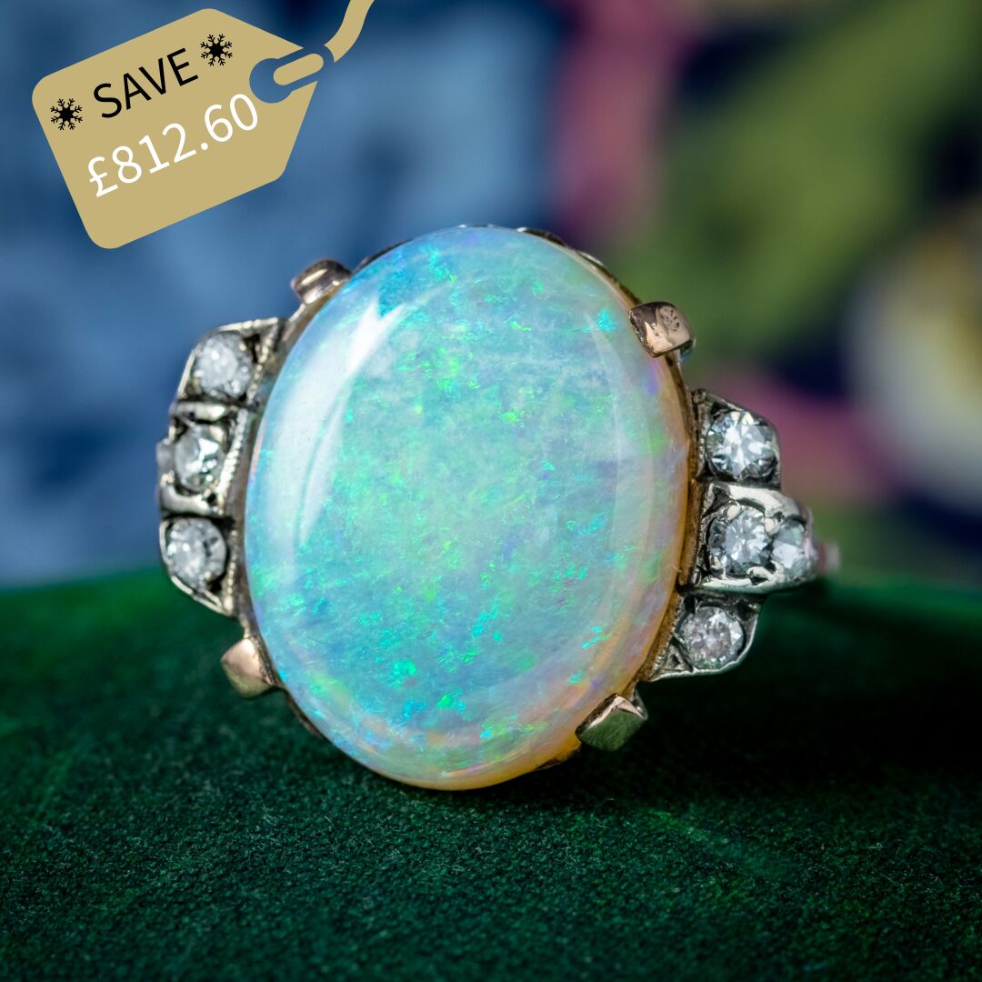 Antique Victorian Opal Diamond Ring 8ct Natural Opal