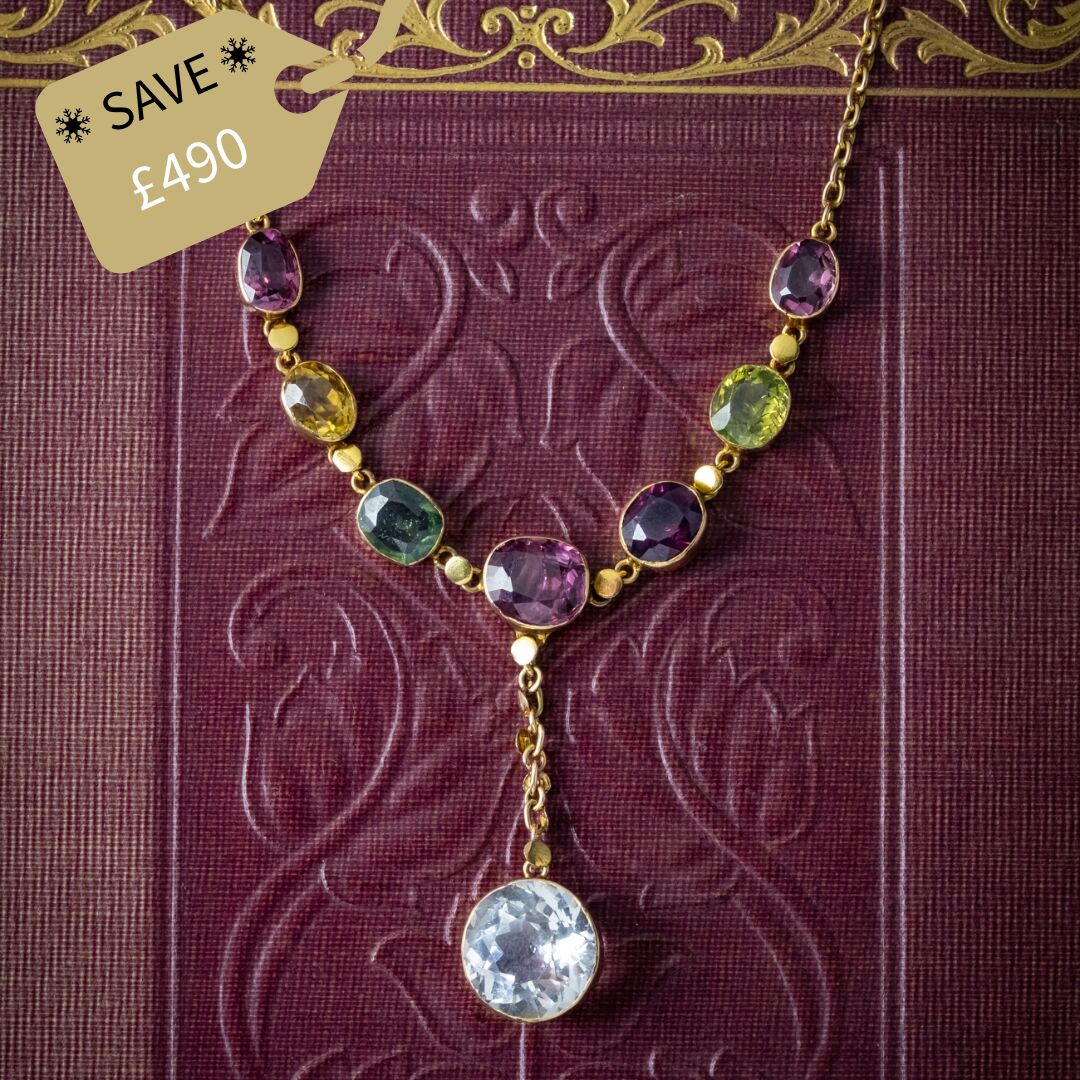 Antique Victorian Harlequin Gemstone Lavaliere Necklace 15ct Gold