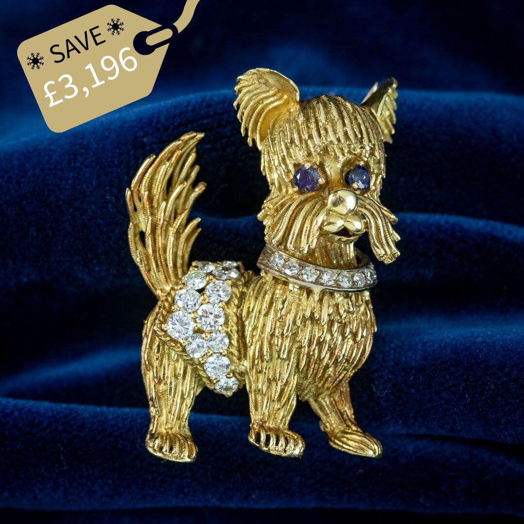 Vintage Diamond Sapphire Dog Brooch 18ct Gold Dated 1964