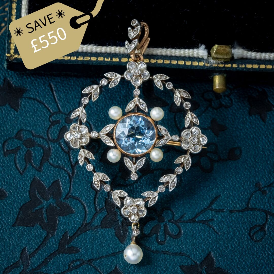 Antique Victorian Floral Aquamarine Diamond Pearl Pendant Brooch