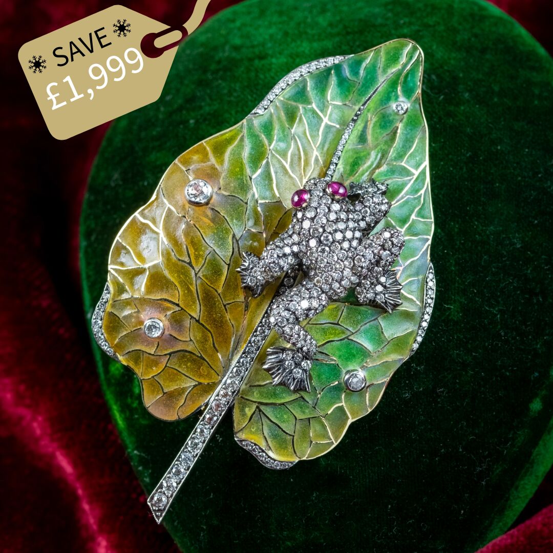 Vintage Moira Plique A Jour Diamond Ruby Frog On Leaf Brooch With Box