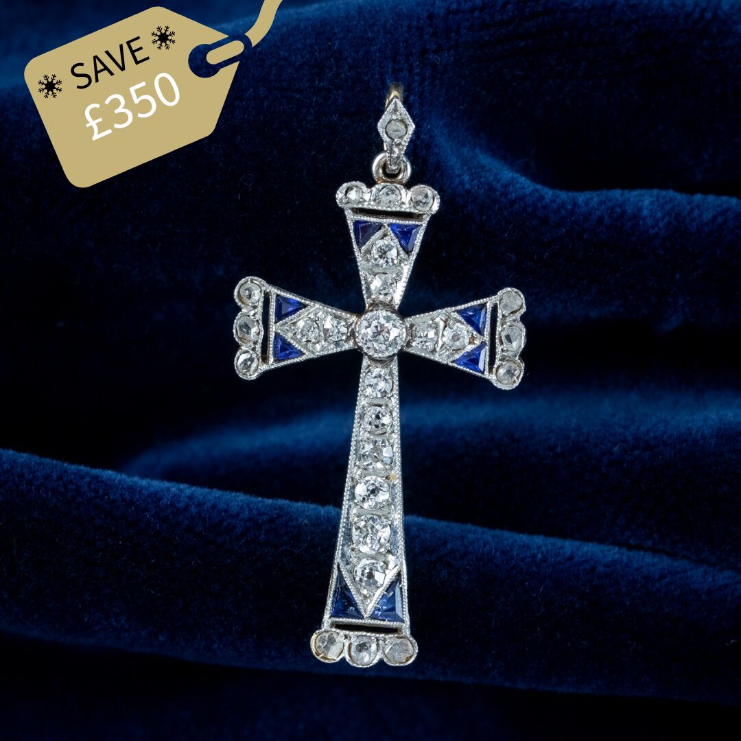 Art Deco Sapphire Diamond Cross Pendant 18ct Gold