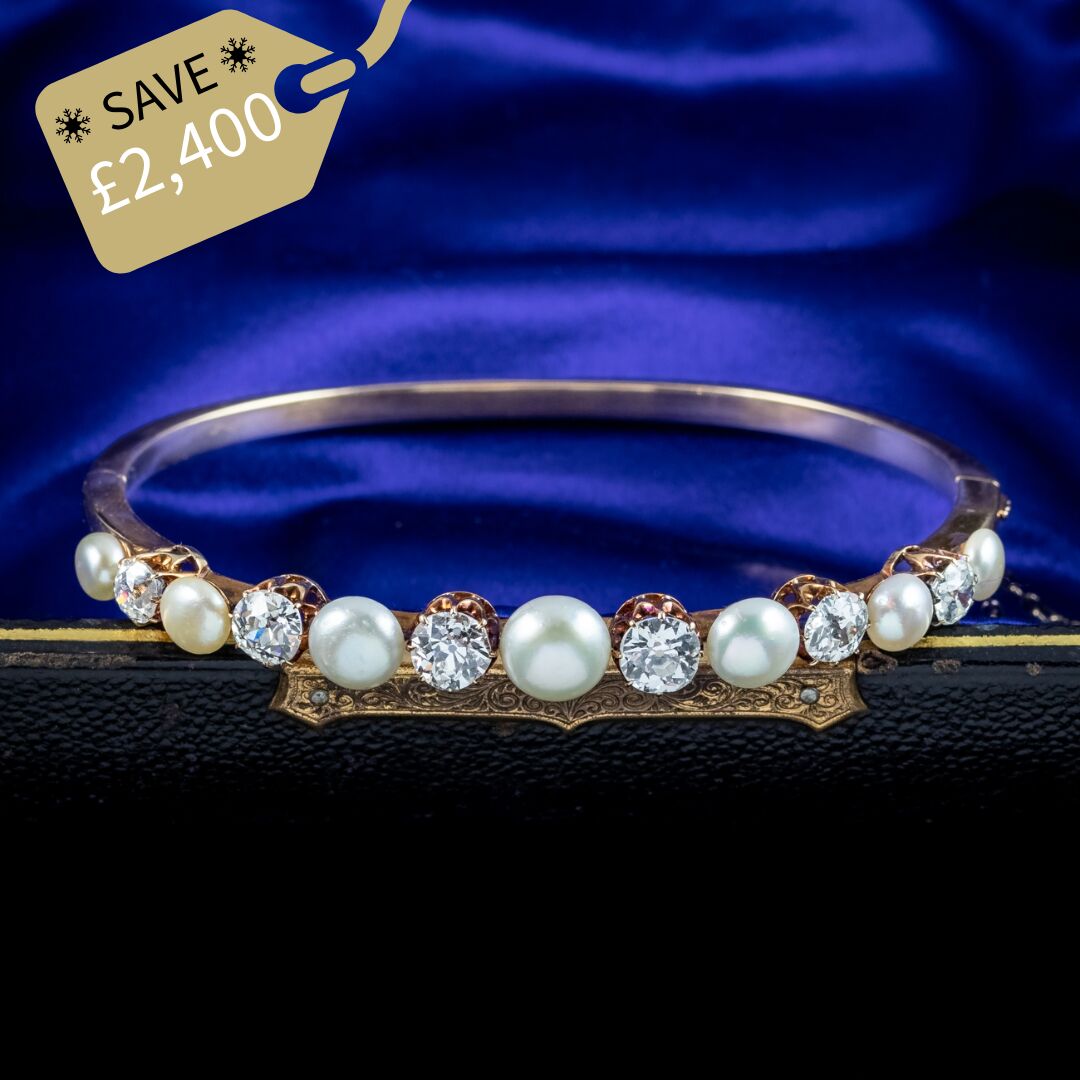 Antique Edwardian Diamond Pearl Bangle 18ct Gold 3.5ct Diamond