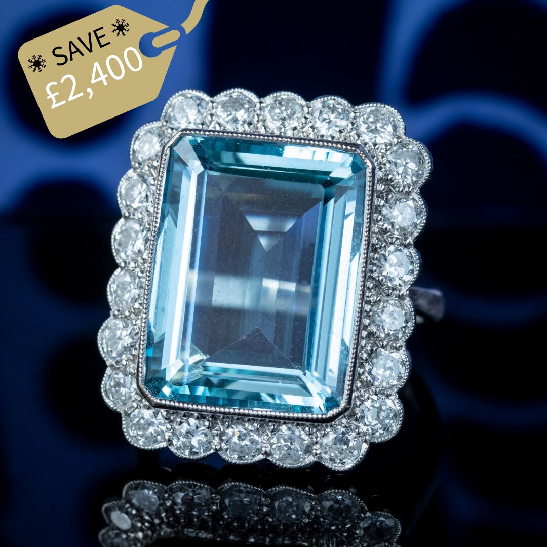 Art Deco Style Aquamarine Diamond Cocktail Ring 16ct Aqua