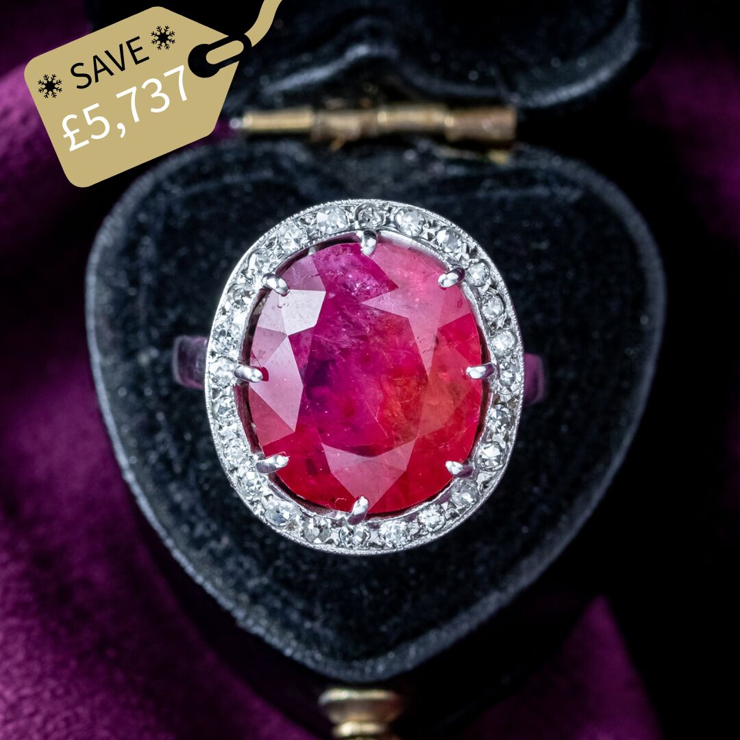 Vintage French Ruby Diamond Cluster Ring 9.2ct Burmese Ruby With Cert