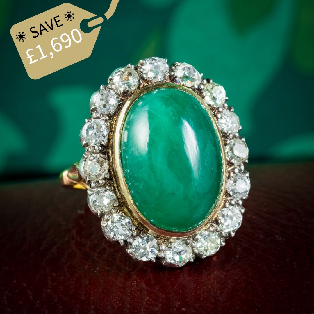 Antique Victorian Emerald Diamond Cluster Ring 11ct Cabochon Emerald