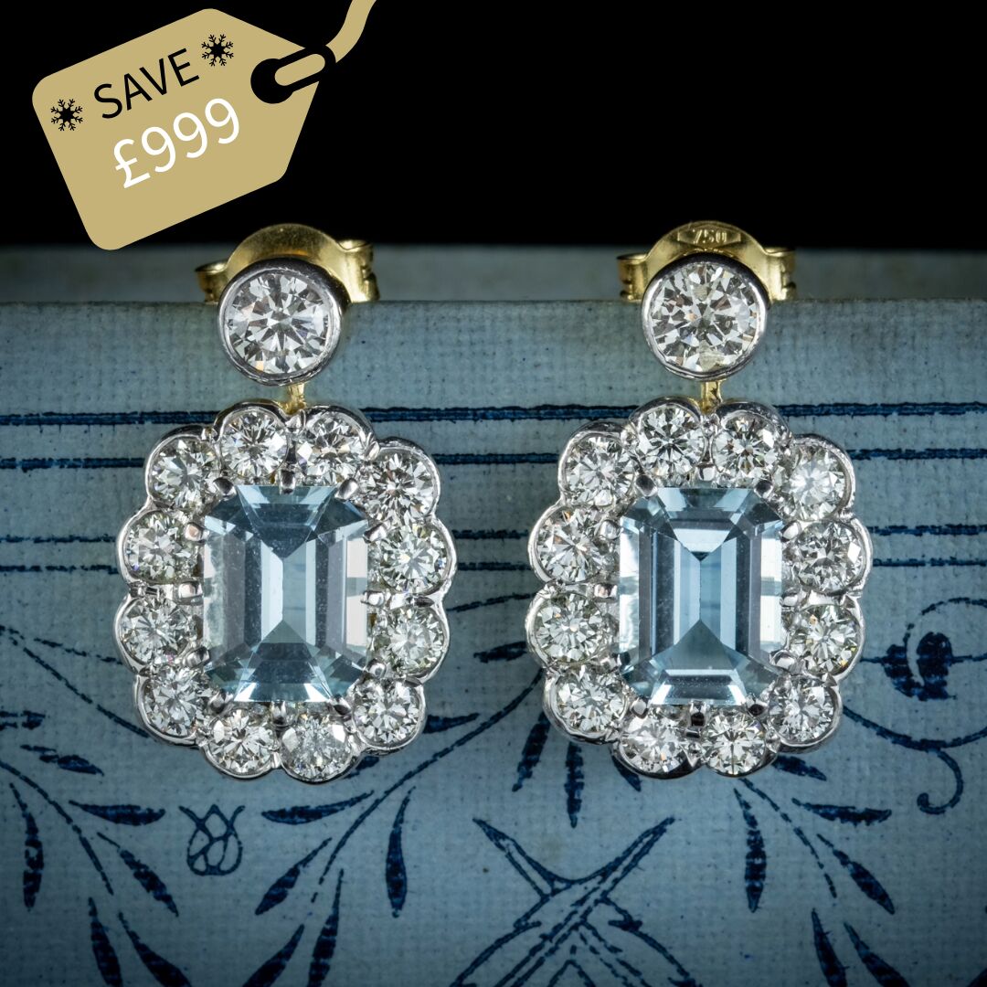Edwardian Style Aquamarine Diamond Earrings 18ct Gold 2.50ct Aquas
