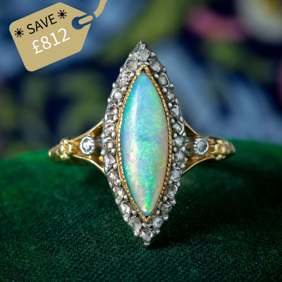 Antique Victorian French Opal Diamond Navette Ring 2.5ct Opal
