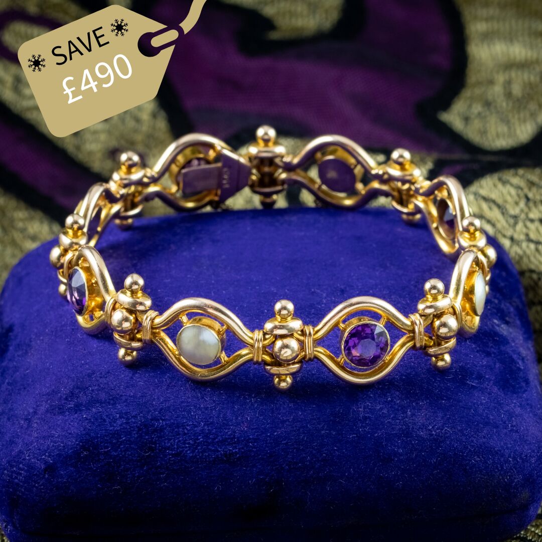 Antique Victorian Amethyst Mother Of Pearl Bracelet 15ct Gold