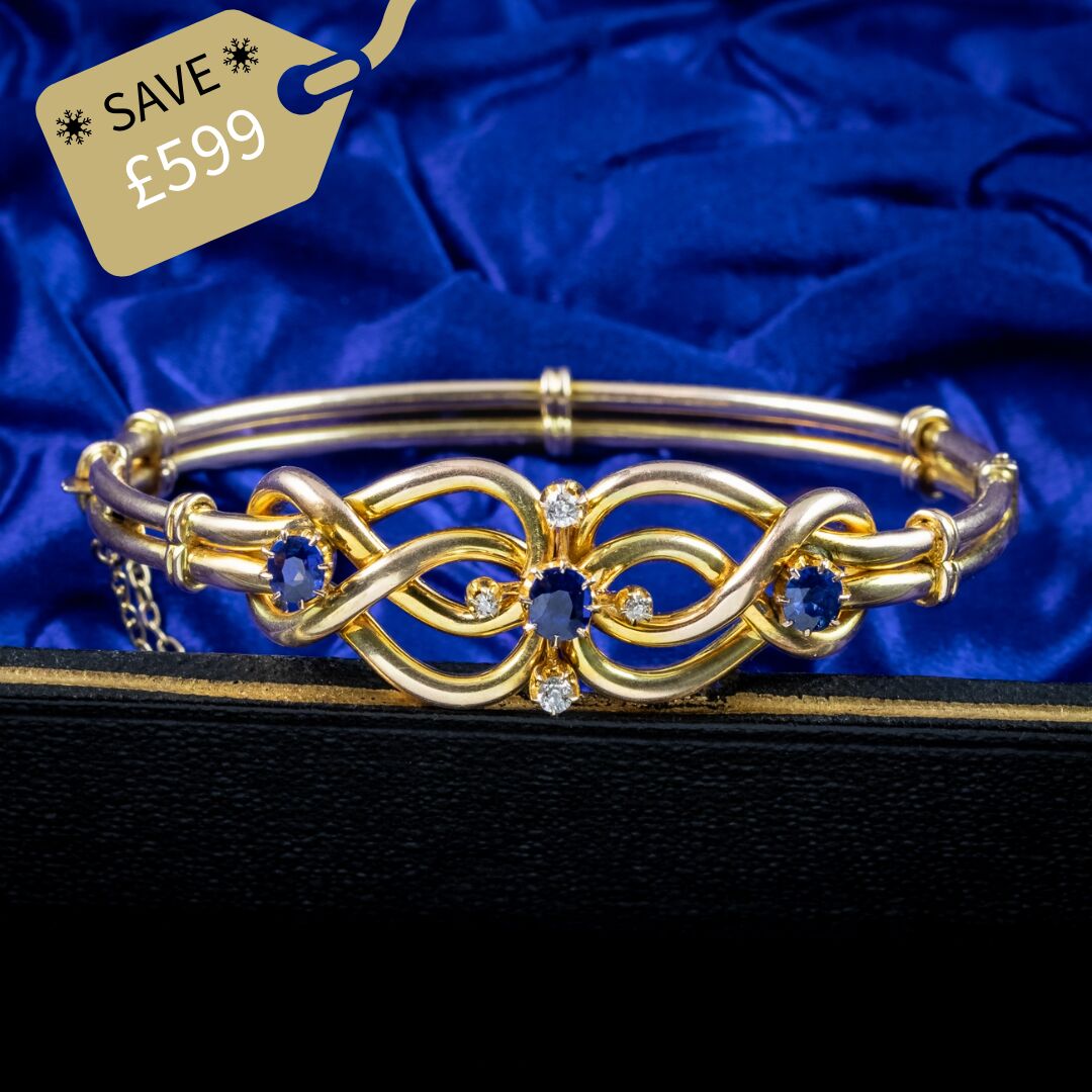 Antique Victorian Sapphire Diamond Love Knot Bangle 15ct Gold