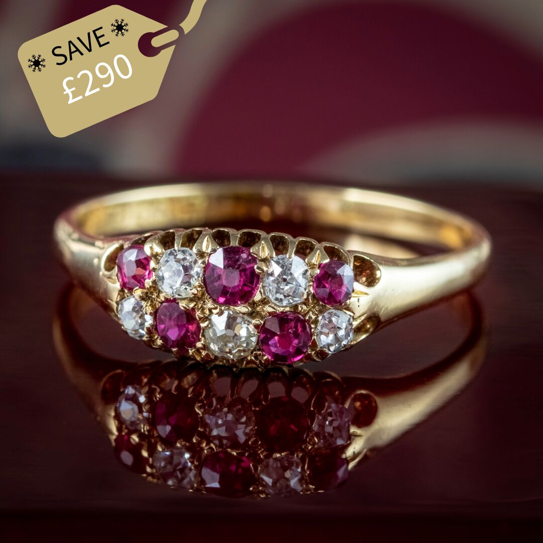 Antique Victorian Ruby Diamond Checkerboard Cluster Ring Dated 1888