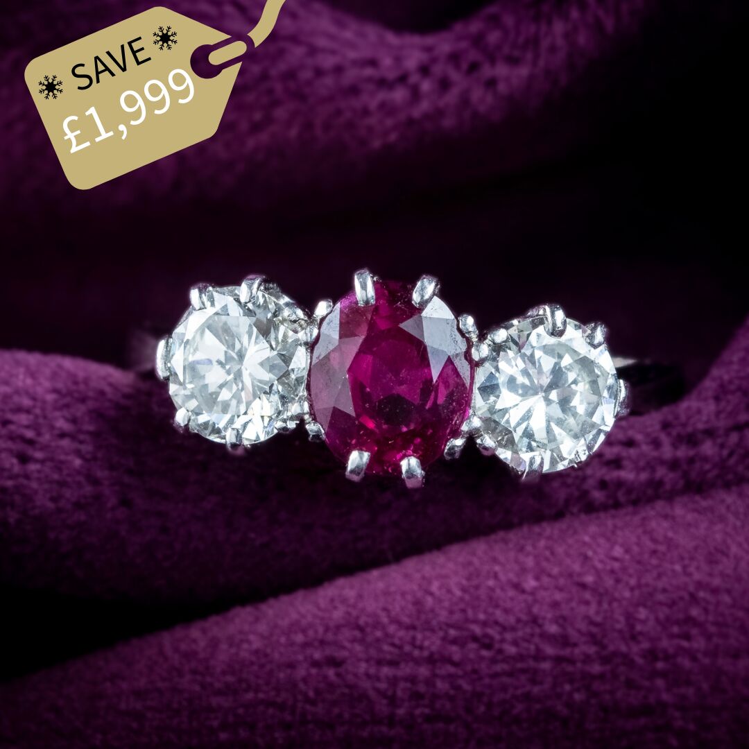 Edwardian Style Ruby Diamond Trilogy Ring 0.90ct Ruby 1.6ct Diamond