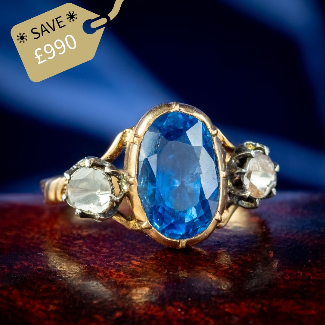 Georgian Style Sapphire Diamond Trilogy Ring 3ct Sapphire With Cert