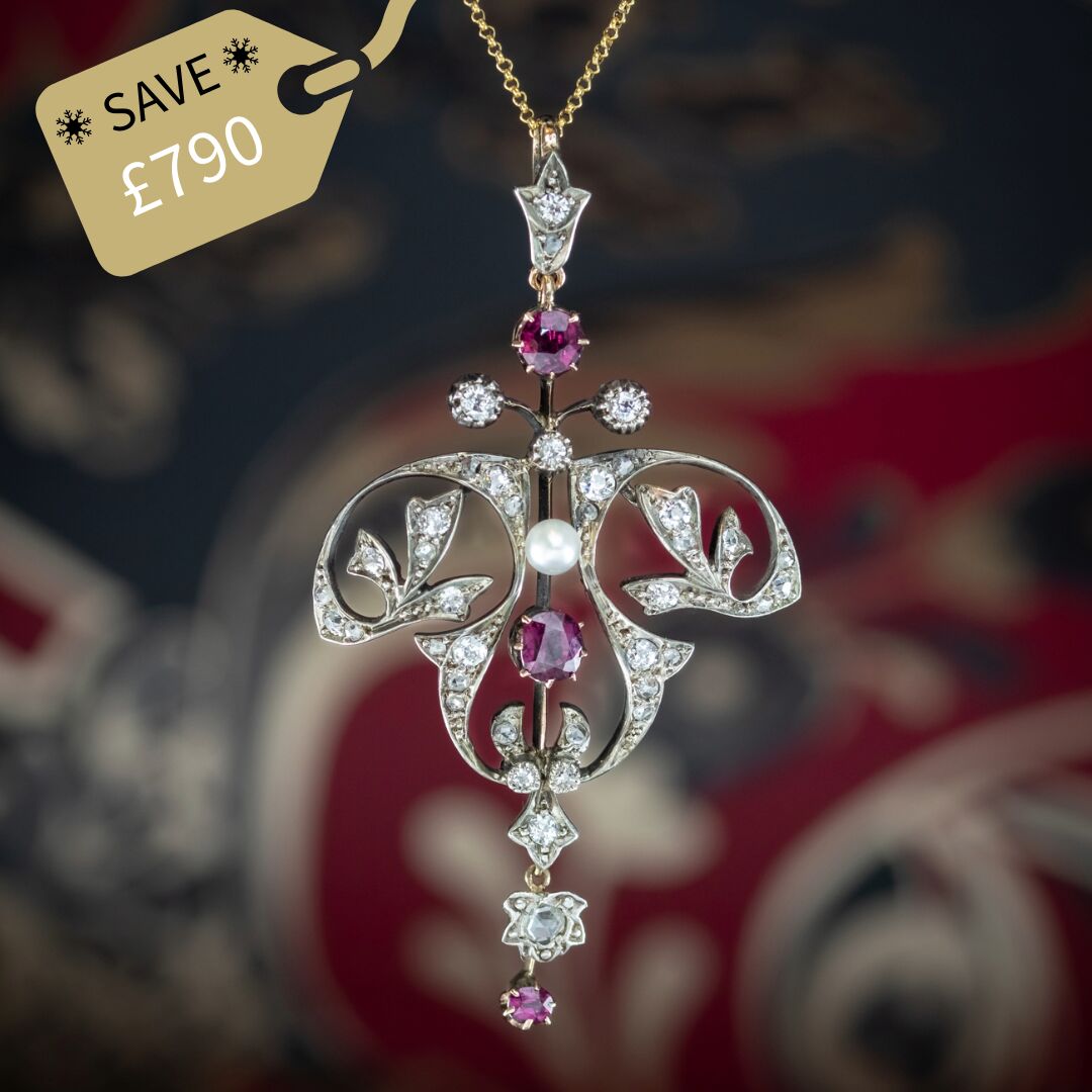 Antique Victorian Ruby Diamond Pearl Pendant Necklace 0.90ct Ruby