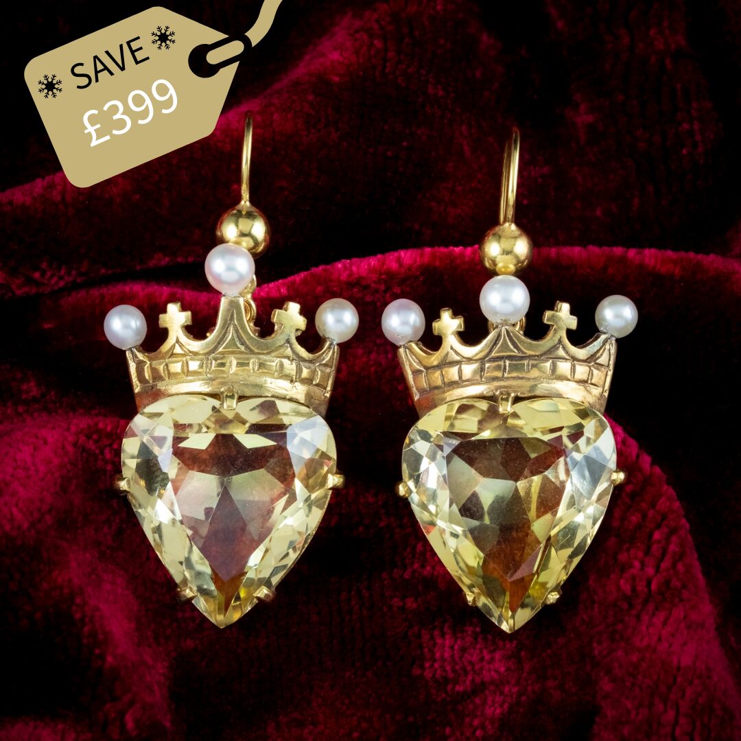 Antique Victorian Citrine Heart Pearl Crown Earrings 15ct Gold