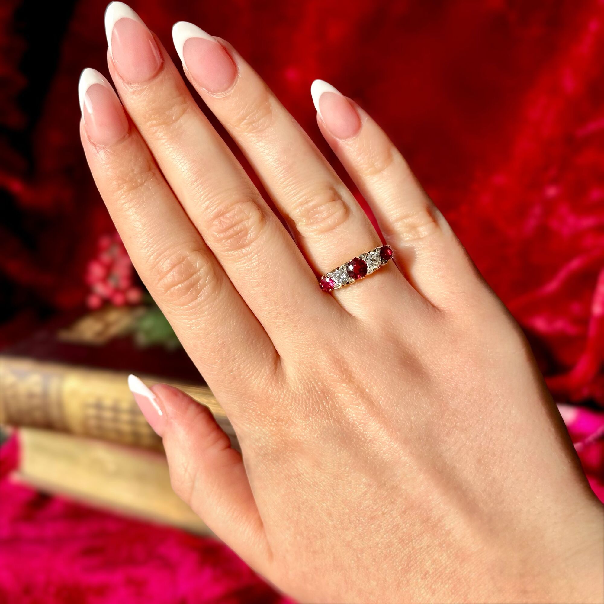 Antique Victorian Ruby Diamond Five Stone Ring 0.90ct Ruby