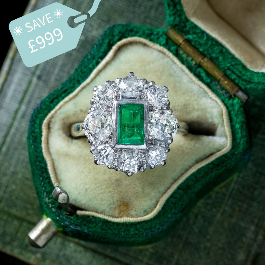 Antique Edwardian Emerald Diamond Cluster Ring 0.60ct Emerald